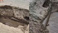 Uma cratera se abriu na areia do Canto do Forte, expondo tubulação quebrada e gerando alerta entre banhistas e moradores - Foto: Reprodução