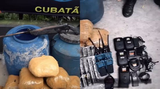 A Polícia Militar realiza operação em Cubatão, desmantelando esconderijo de drogas e armamentos na Vila dos Pescadores - Foto: Reprodução/ 21° BPMI