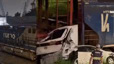 Um motorista teve seu carro arrastado por um trem em Vicente de Carvalho, mas saiu sem ferimentos graves após o impacto - Imagem: Reprodução/ Redes Sociais
