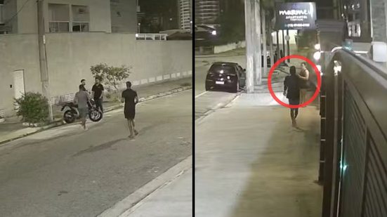 Moradores e turistas ficam em estado de choque após assalto em frente à Pousada Marmeu, em Guarujá, na noite de domingo - Foto: Reprodução/ Câmera de Segurança