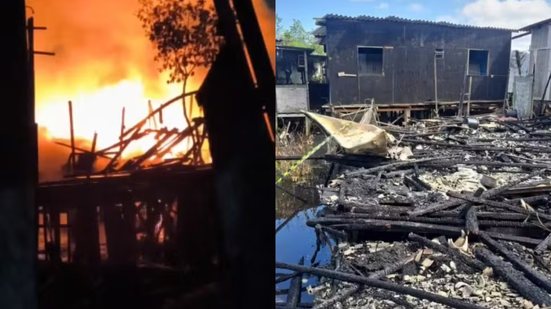 Um incêndio de grandes proporções atingiu a Vila dos Pescadores, deixando um homem ferido e sete moradias completamente destruídas - Foto: Arquivo Pessoal/ Ivanilson Alves e Reprodução/ Redes Sociais