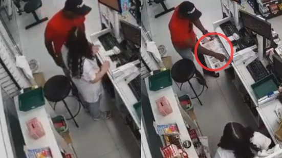 Um homem assaltou uma farmácia em Peruíbe em apenas 30 segundos, surpreendendo a funcionária e deixando a comunidade em alerta - Foto: Reprodução