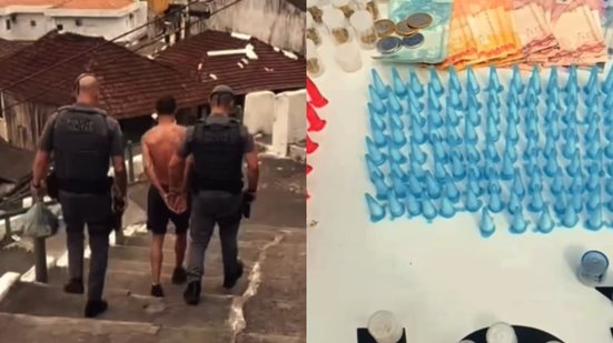 A ação da Polícia Militar em Santos resultou na prisão de um homem envolvido no tráfico de drogas e na apreensão de diversas substâncias - Foto: Divulgação/ 6° BPMI
