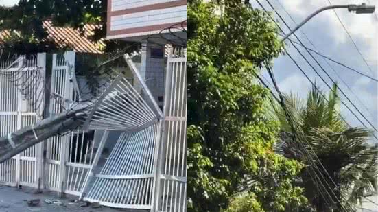 Um caminhão de carga se enroscou na fiação e derrubou um poste em Praia Grande - Imagem: Reprodução