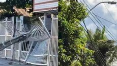 Um caminhão de carga se enroscou na fiação e derrubou um poste em Praia Grande - Imagem: Reprodução