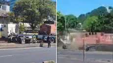 Um caminhão foi arrastado por um trem em Santos, mas felizmente, não houve feridos. O acidente ocorreu no Valongo, gerando alerta para a segurança - Imagem: Reprodução