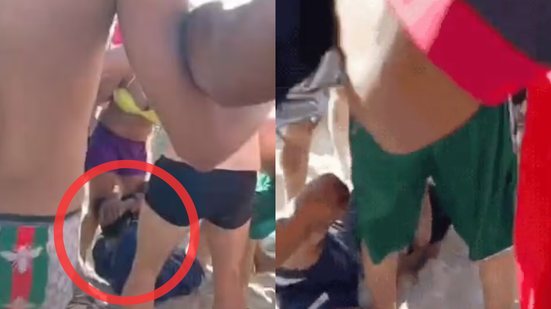 Um adolescente de 14 anos foi cercado e agredido por banhistas após furtar celular na Praia Grande, gerando repercussão - Imagem: Reprodução