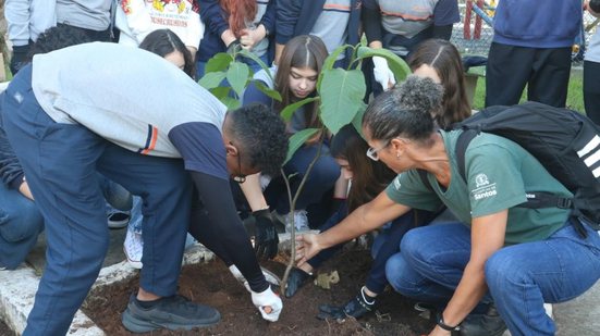 Com kits de jardinagem, estudantes plantam ipês e quaresmeiras, contribuindo para um bairro mais bonito e sustentável - Foto: Divulgação/ Prefeitura de Santos
