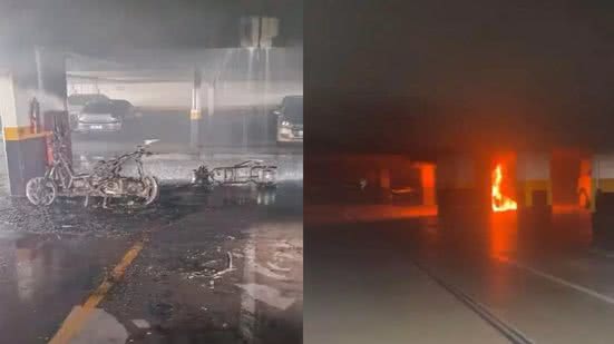 Um incêndio em garagem de prédio residencial em Santos destruiu duas motocicletas - Imagem: Reprodução