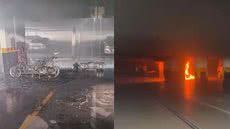 Um incêndio em garagem de prédio residencial em Santos destruiu duas motocicletas - Imagem: Reprodução