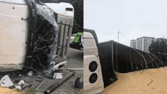 Um caminhoneiro de 32 anos foi preso após tombar carreta carregada de grãos em Santos, provocando grande mobilização de resgate - Foto: Reprodução