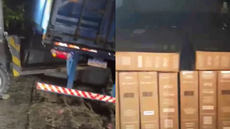 Motorista de 46 anos foi preso em flagrante e 234 televisores de 65 polegadas foram recuperados na Rodovia Piaçaguera; três criminosos fugiram pela mata - Imagem: Divulgação / Polícia Civil
