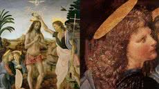 Detalhe do anjo tradicionalmente atribuído ao jovem Leonardo - O Batismo de Cristo, de Andrea del Verrocchio e Leonardo da Vinci, c. 1475-1478