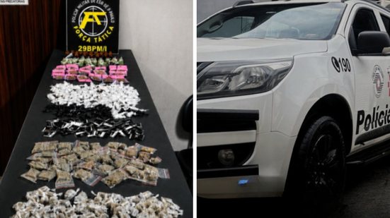 Apreensão inclui cocaína, crack, maconha e drogas sintéticas, totalizando centenas de porções prontas para venda - Foto: Divulgação/ 29° BPMI