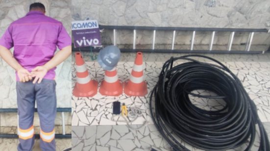 Policiais abordaram homem que se disfarçou de funcionário para roubar fiação da rede pública em Itanhaém - Foto: Divulgação/ 29° BPMI