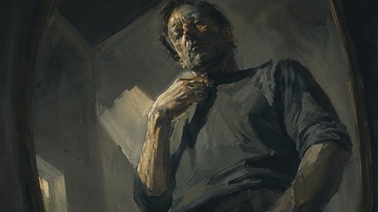 A sombra não apenas esconde: revela de outro modo. Nesta imagem, a figura, ampliada pelo espelho e pela perspectiva, transforma a presença em inquietação