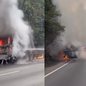 Incêndio em caminhão mobiliza Bombeiros e Ecovias na Cônego Domênico Rangoni, em Cubatão - Imagem: Reprodução