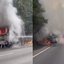 Incêndio em caminhão mobiliza Bombeiros e Ecovias na Cônego Domênico Rangoni, em Cubatão - Imagem: Reprodução