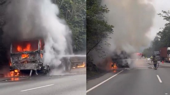 Incêndio em caminhão mobiliza Bombeiros e Ecovias na Cônego Domênico Rangoni, em Cubatão - Imagem: Reprodução