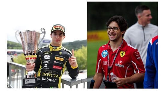 Rafael Câmara na F2 pela Invicta Racing (esquerda) e Rafael Câmara pela Academia da Ferrari - Foto: Reprodução/ Mídias Sociais