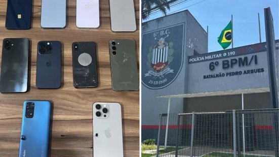 Trio foi detido na Rodovia Anchieta com dez celulares e dois relógios inteligentes de alto valor em posse - Foto: Divulgação/ 6° BPMI