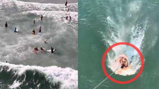 A equipe do helicóptero Águia 4 agiu rapidamente para salvar banhistas em apuros - Foto: Divulgação/GBMar