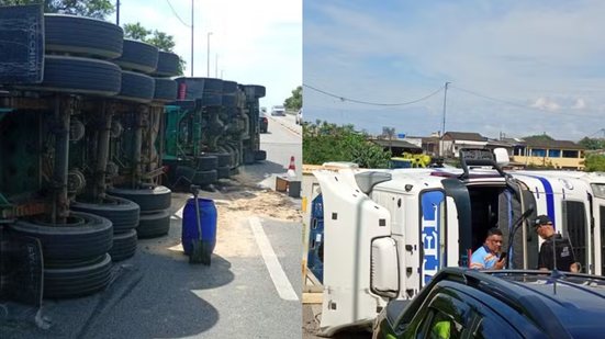 Motorista de caminhão faz manobra arriscada para salvar ciclista e acaba tombando na rodovia - Foto: PM Rodoviária