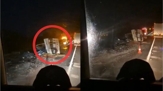 Um acidente com carreta tombada na BR-116 causa bloqueio total e mobiliza equipes de resgate - Imagem: Reprodução