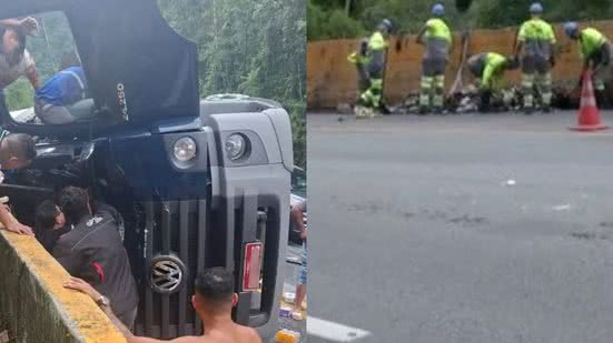 Um caminhão tombou na Rodovia Mogi-Bertioga, deixando motorista ferido e causando bloqueios no trânsito na região - Foto: Reprodução/ Redes Sociais