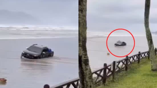 Um veículo de resgate marinho ficou preso na areia em Bertioga, surpreendido pela maré alta durante ronda do Instituto Gremar - Foto: Redes sociais