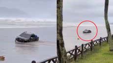 Um veículo de resgate marinho ficou preso na areia em Bertioga, surpreendido pela maré alta durante ronda do Instituto Gremar - Foto: Redes sociais