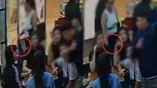 Uma mulher furtou a bolsa de uma família enquanto um comparsa distraía os clientes no Brisamar Shopping, em São Vicente. - Foto: Imagem / Reprodução