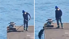 Imagens mostram trabalhador empurrando resíduos de construção civil para o mar durante manutenção de balsa em Santos - Foto: g1