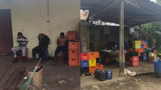 Três homens foram flagrados trocando rótulos de cervejas baratas por marcas famosas, enganando consumidores em Itanhaém - Foto: Polícia Militar