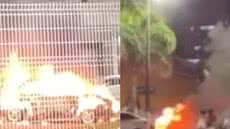 Um motorista de 46 anos ficou ferido após atear fogo em seu carro durante uma blitz da Lei Seca em Praia Grande - Foto: Reprodução/ Redes Sociais