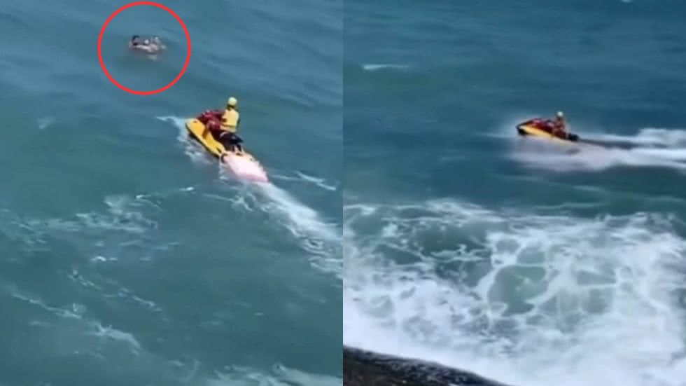 Um guarda-vidas do GBMar resgatou um homem arrastado pela correnteza na Praia de Pitangueiras, em Guarujá, no último sábado - Foto: Divulgação/ GBMar