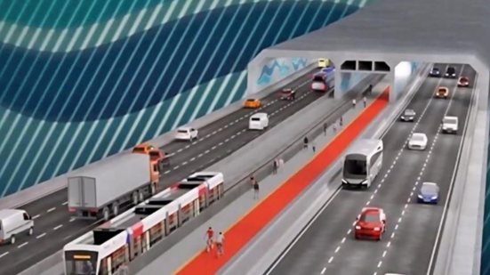 O projeto do túnel imerso entre Santos e Guarujá terá um orçamento de R$ 6,8 bilhões, com financiamento do Governo Federal e do Estado - Imagem: Reprodução