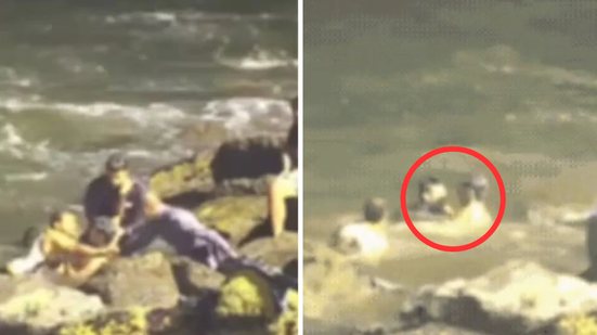 Policial se lança ao mar em Santos e resgata jovem em perigo próximo ao Novo Quebra-Mar, com apoio de populares - Imagem: Reprodução