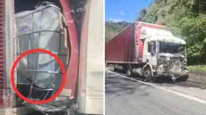 Colisão traseira entre caminhões causou vazamento de substância tóxica, levando a interdições e congestionamentos na rodovia - Foto: Reprodução