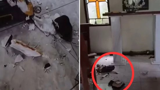 O ataque resultou na destruição de imagens sagradas e na profanação do templo, levantando suspeitas de intolerância religiosa. - Foto: Reprodução/ Facebook
