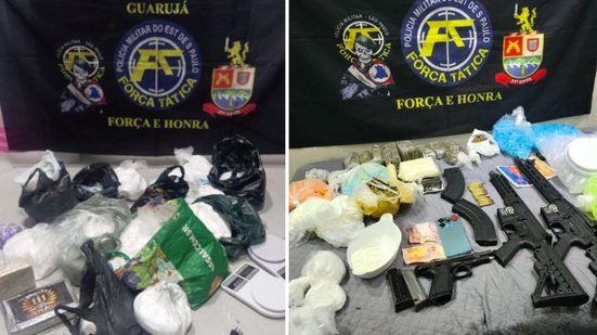 Policiais encontraram fuzis, pistolas e material para fracionamento de drogas em um imóvel residencial - Imagem: Divulgação / PM