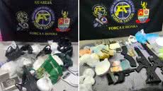 Policiais encontraram fuzis, pistolas e material para fracionamento de drogas em um imóvel residencial - Imagem: Divulgação / PM