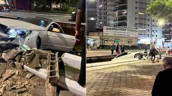 Carro rompeu a proteção da Avenida Miguel Alonso Gonzalez e caiu dentro de um canal em Guarujá; acidente foi registrado por câmeras de monitoramento. - Imagem:  Arquivo Pessoal / Luigi Giopato