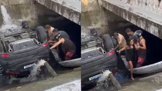 Carro ficou capotado dentro do canal 2 após perder o controle e atingir a estrutura de proteção na Avenida Bernardino de Campos. - Imagem: Carlos Campos
