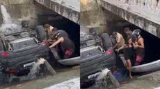 Carro ficou capotado dentro do canal 2 após perder o controle e atingir a estrutura de proteção na Avenida Bernardino de Campos. - Imagem: Carlos Campos