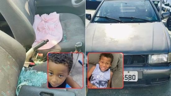 Carro onde as crianças foram encontradas em terreno no bairro Vila Sônia, em Praia Grande; polícia investiga as circunstâncias do caso - Imagem: Leandro Guedes/TV Tribuna e Reprodução/Redes sociais