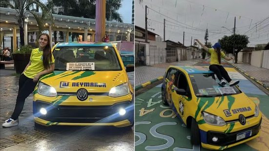 Pietra Valentina Vasconcelos Pinto personalizou o próprio carro com referências à Copa do Mundo e chamou atenção de moradores nas ruas de Praia Grande com adesivagem inspirada na Seleção Brasileira - Imagem: Arquivo Pessoal