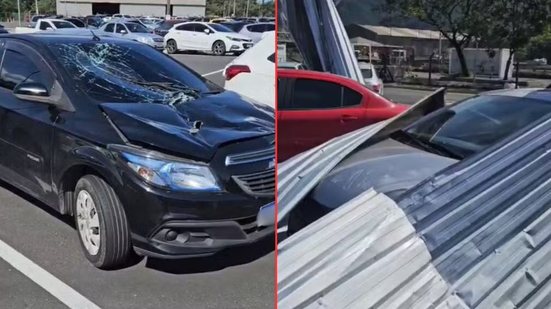 Estrutura do telhado caiu sobre carros estacionados, mas a Secretaria de Segurança Pública não registrou ocorrências oficiais - Foto: Marcos Toledo/ Ronaldo da Comissão