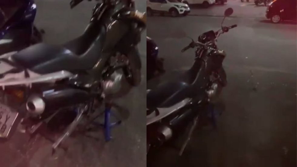 Vídeo mostra a reação do proprietário da moto ao descobrir que seus pneus foram levados e substituídos por cavaletes - Imagem: Instagram/ @guaruja_mil_grau