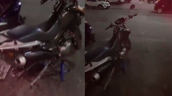 Vídeo mostra a reação do proprietário da moto ao descobrir que seus pneus foram levados e substituídos por cavaletes - Imagem: Instagram/ @guaruja_mil_grau
